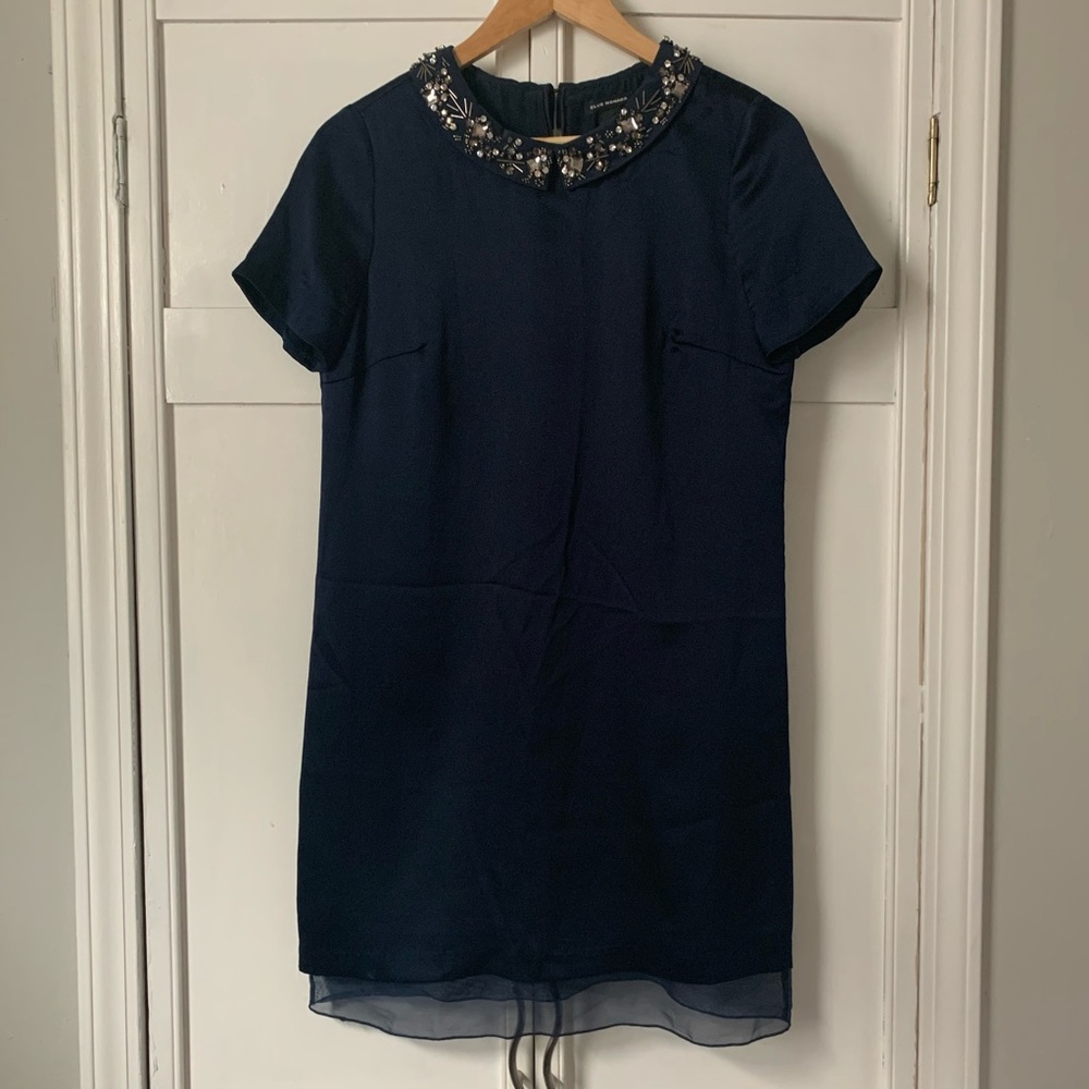 Club Monaco Navy Embellished Collar Short Sleeve Dress
